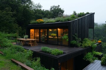 Dark cabin, green roof, lush foliage, outdoor deck.