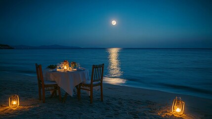 Romantic beach dinner under full moon.