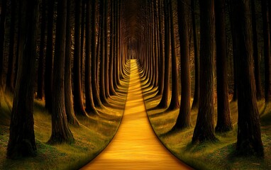 Golden path through a dark forest, leading to the horizon.