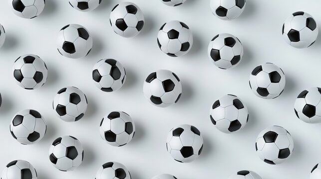 A collection of traditional soccer balls, set against a white background with space for text