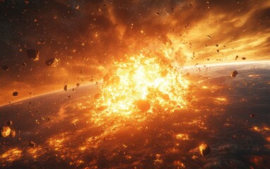 3D Illustration of Space Debris and Satellites in Orbit Around Earth with Dramatic Sunset