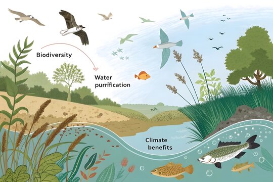 Ecosystem benefits of wetlands illustrated with biodiversity, water purification, and climate benefits.