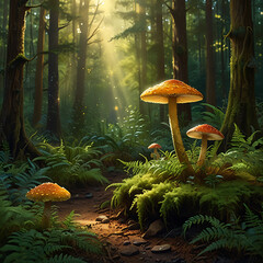 Enchanted Morning  mushrooms glow in the Forest