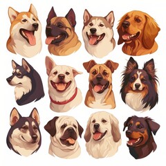 Set Heads of Dogs, Collection Different Breeds of Canines, Isolated on White Background  
