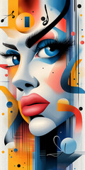 Abstract portrait of a woman, vibrant colors, graphic art style, expressive features