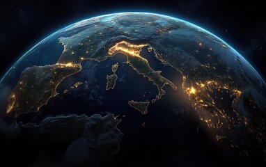 Obraz premium Earth from Space Night View of Mediterranean Region Hyper-Realistic City Lights in 5K Digital Sci-Fi Art