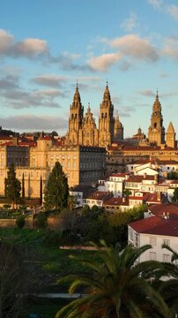 Aerial Vertical view of famous Cathedral of Santiago de Compostela. Travel destination in north of Spain Way of St James. Spain