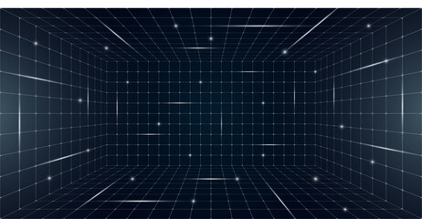 Fototapeta premium Futuristic grid box with abstract wireframe design, white lines on dark background. Retro 80s 90s digital aesthetic capturing virtual reality landscape in nostalgic futuristic style