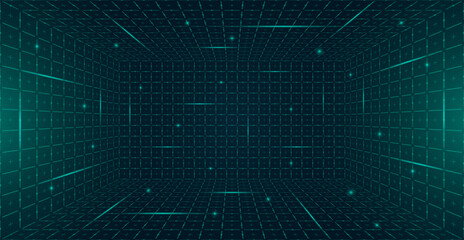 Futuristic perspective HUD grid box abstract wireframe. Green grid lines on dark background evoke 80s 90s digital style. GUI FUI design inspired virtual reality landscapes and retro future aesthetic