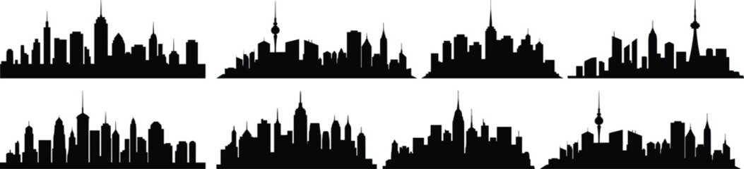Fototapeta premium City silhouettes set, skyscraper pack of vector silhouette design, isolated background
