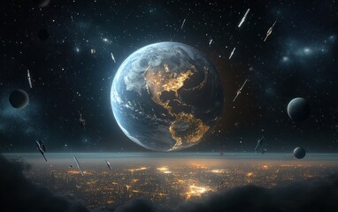 Hyper-realistic Earth with Swarm of Satellites in Cosmic Background - Digital Space Art Night View