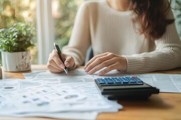 Tax Deduction Planning for Individuals Using Calculator in Home Office Analyzing Financial Documents