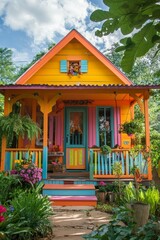 Fototapeta premium Brightly colored cottage, lush garden, cheerful exterior.