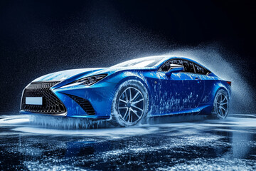 modern stylish car in foam on a car wash on dark background with copy space. car care banner with place for text minimalism. no people. self-service car wash