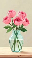 Obraz premium Beautiful pink roses in glass vase on wooden table celebrating international women's day march 8 and mother's day with elegance and grace