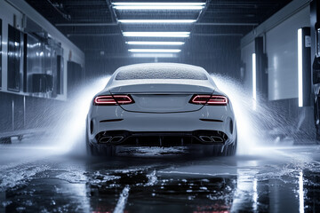 modern stylish car in foam on a car wash on dark background with copy space. car care banner with place for text minimalism. no people. self-service car wash