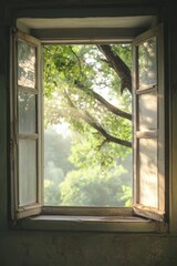 Sunlit leaves viewed through weathered window.