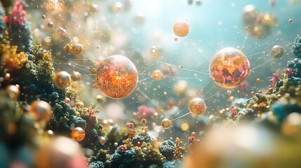 Fototapeta premium Abstract colorful spheres connected by lines, floating over a vibrant coral reef.