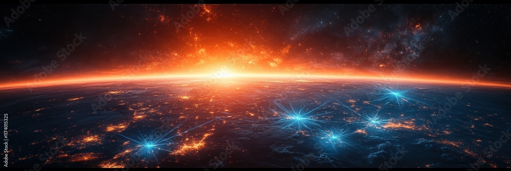 Poster Glowing Earth Network Interactive Hologram Map with AI Data Visualization and Virtual Reality Experience