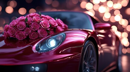 Luxurious red sports car adorned with pink roses for international women's day march 8 celebration concept