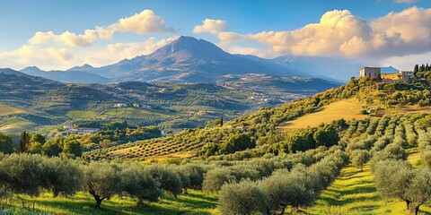 Obraz premium Beautiful countryside landscape featuring olive trees, capturing the tranquility of rural life. Ideal for wall art, home decoration, and nature-themed interior design.