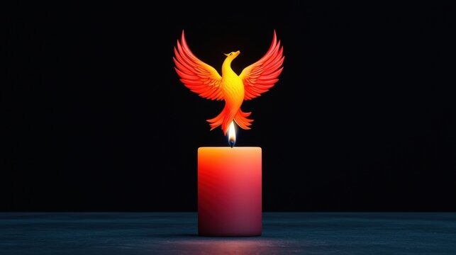 A vibrant phoenix rises from a red candle flame, symbolizing rebirth and transformation against a dark background.