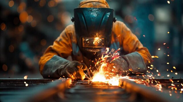 A welder in full protective gear focused on welding, surrounded by bright sparks in a workshop environment, seamless looping overlay 4k video.