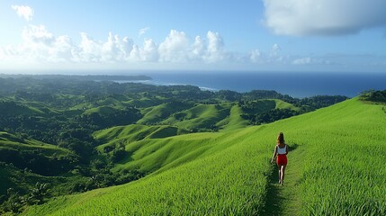 Obraz premium Woman hikes grassy hilltop overlooking ocean.