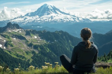Fototapeta premium Person meditates, scenic mountain vista.