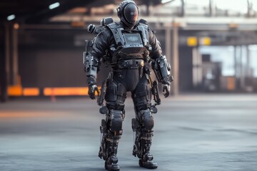 Fototapeta premium Futuristic soldier in advanced combat suit stands in high-tech urban environment