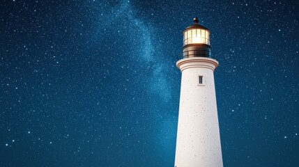 A serene lighthouse stands tall under a starry sky, illuminating the night with its guiding light amidst a backdrop of the Milky Way.