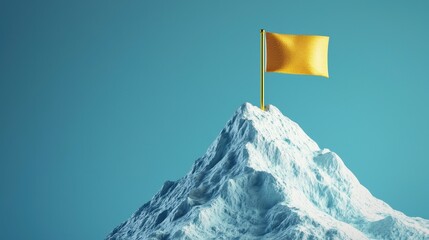 A yellow flag stands atop a snowy mountain against a blue background, symbolizing achievement and exploration.
