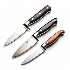 Obraz premium A set of kitchen knives isolated on a white background, showcasing sharp blades and sleek design. Perfect for culinary presentations, product advertising, and kitchenware promotions.