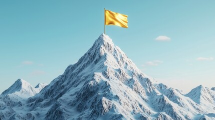 A majestic mountain peak crowned with a vibrant yellow flag against a clear blue sky, surrounded by snow-covered slopes.