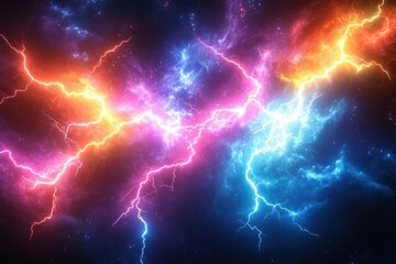 Vibrant Cosmic Storm Featuring Neon Lightning Patterns and Chiaroscuro Lighting Effect