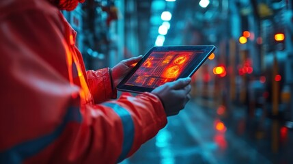 Construction Worker Using Thermal Imaging Tablet for Building Inspection and Safety Monitoring