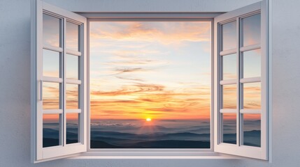 A beautiful sunset view framed by an open window, showcasing vibrant colors over distant mountains and a serene sky.
