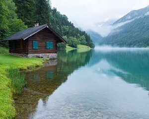 Fototapeta premium Remote Lakeside Cabins with Scenic Nature Views, a realistic photo capturing a rustic cabin on the edge of a tranquil lake, surrounded by misty mountains and reflected in crystal-clear water