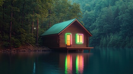 Obraz premium Remote Lakeside Cabins with Scenic Nature Views, a neon light photography composition highlighting a cabin glowing softly under neon green and pink reflections, with serene lake waters shimmering.