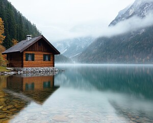 Fototapeta premium Remote Lakeside Cabins with Scenic Nature Views, a realistic photo capturing a rustic cabin on the edge of a tranquil lake, surrounded by misty mountains and reflected in crystal-clear water