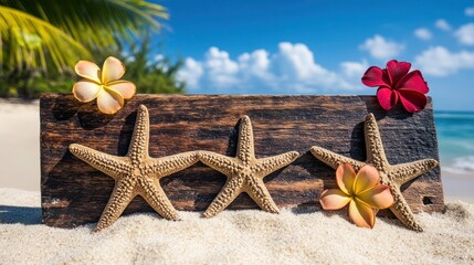 Three starfish and tropical flowers on a wooden signboard on a sandy beach with ocean and palm trees background.