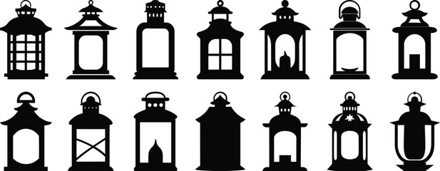 Lantern silhouettes set, light pack of vector silhouette design, isolated background © FutureFFX