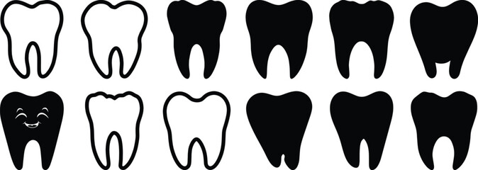 Tooth silhouettes set, teeth pack of vector silhouette design, isolated background
