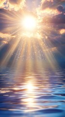 Fototapeta premium A serene seascape with sunlight breaking through clouds, reflecting on calm waters.