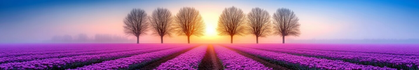 The blooming meadow comes to life in a summer panorama at sunrise