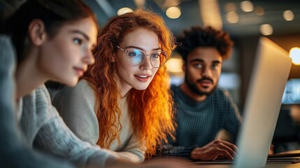 Creative Colleagues Collaborating on Laptop in Modern Office Setting with Teamwork and Support