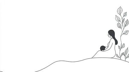 Minimalist line art of serene mother and child amidst nature on mother's day - concept of peaceful bonding