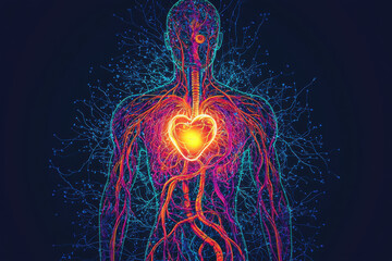 Human circulatory system illustration with glowing heart