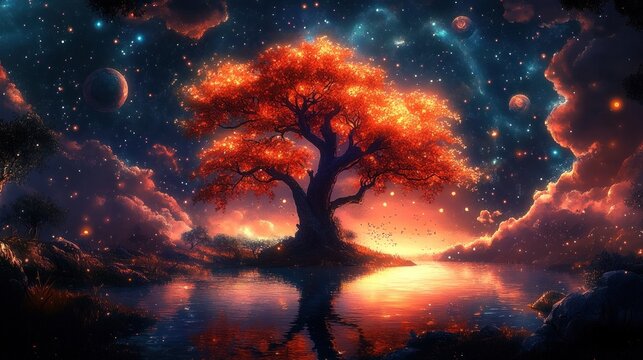 glowing orange tree in cosmic landscape with stars planets serene water reflection surreal digital fantasy art