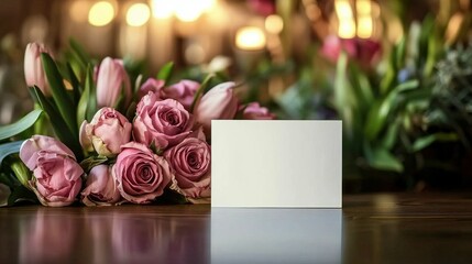 Obraz premium Elegant bouquet of pink roses and tulips with blank card for celebrating international women's day march 8 and mother's day